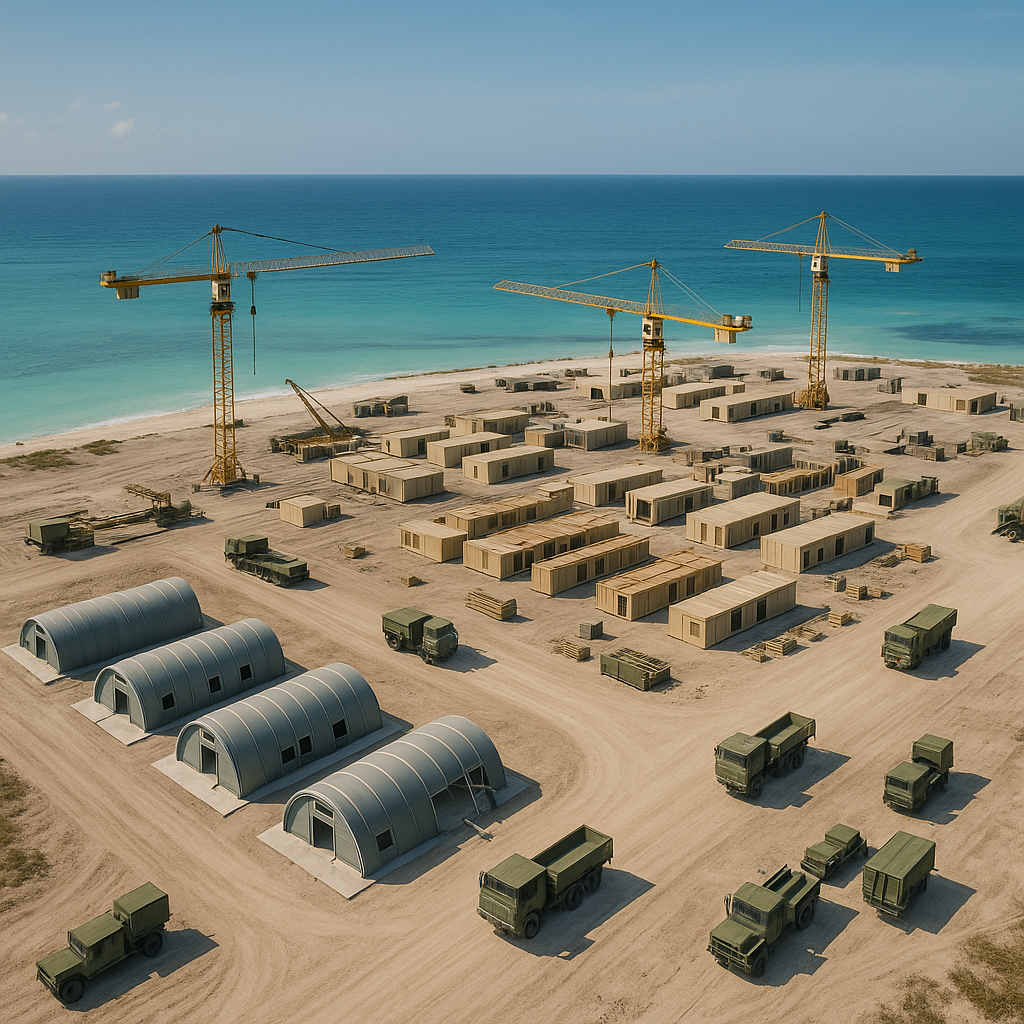 An aerial view of a large construction site on a remote island, with cranes, military trucks, and prefabricated structur...