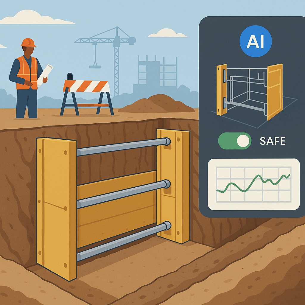 A detailed illustration of a construction trench with proper safety measures like trench boxes and shoring, paired with...