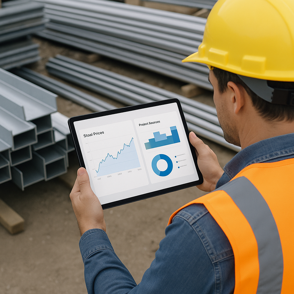 A general contractor viewing a digital dashboard with fluctuating steel prices and project forecasts, set against a back...