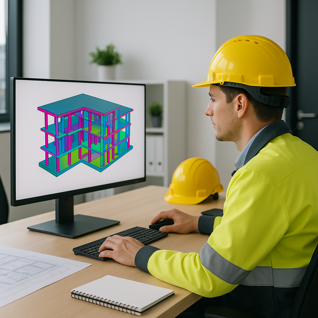 A modern construction office setting with an estimator using AI software on a large monitor, displaying a vibrant 3D mod...