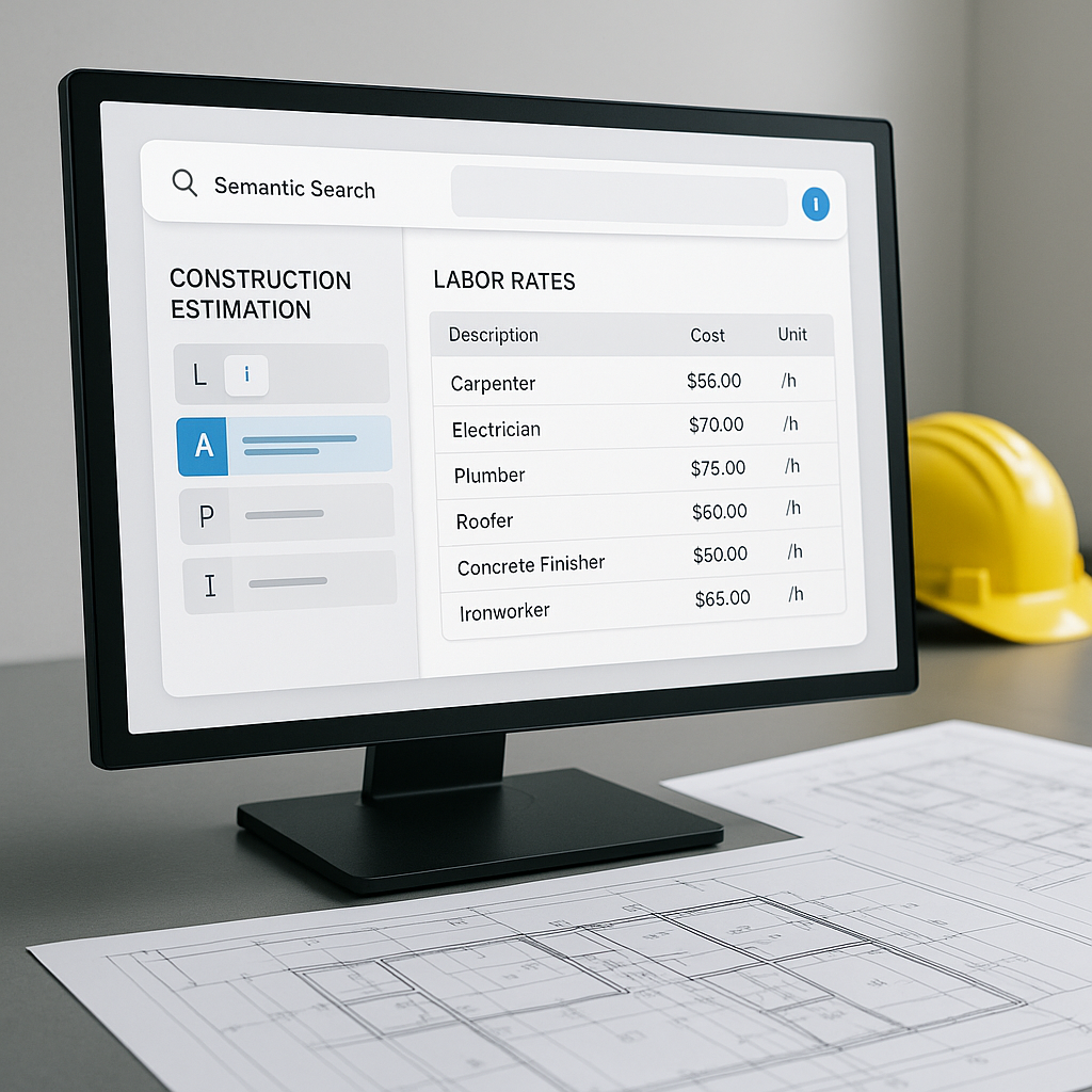 An AI-powered construction estimation interface on a computer screen, showing semantic search results for labor rates, w...