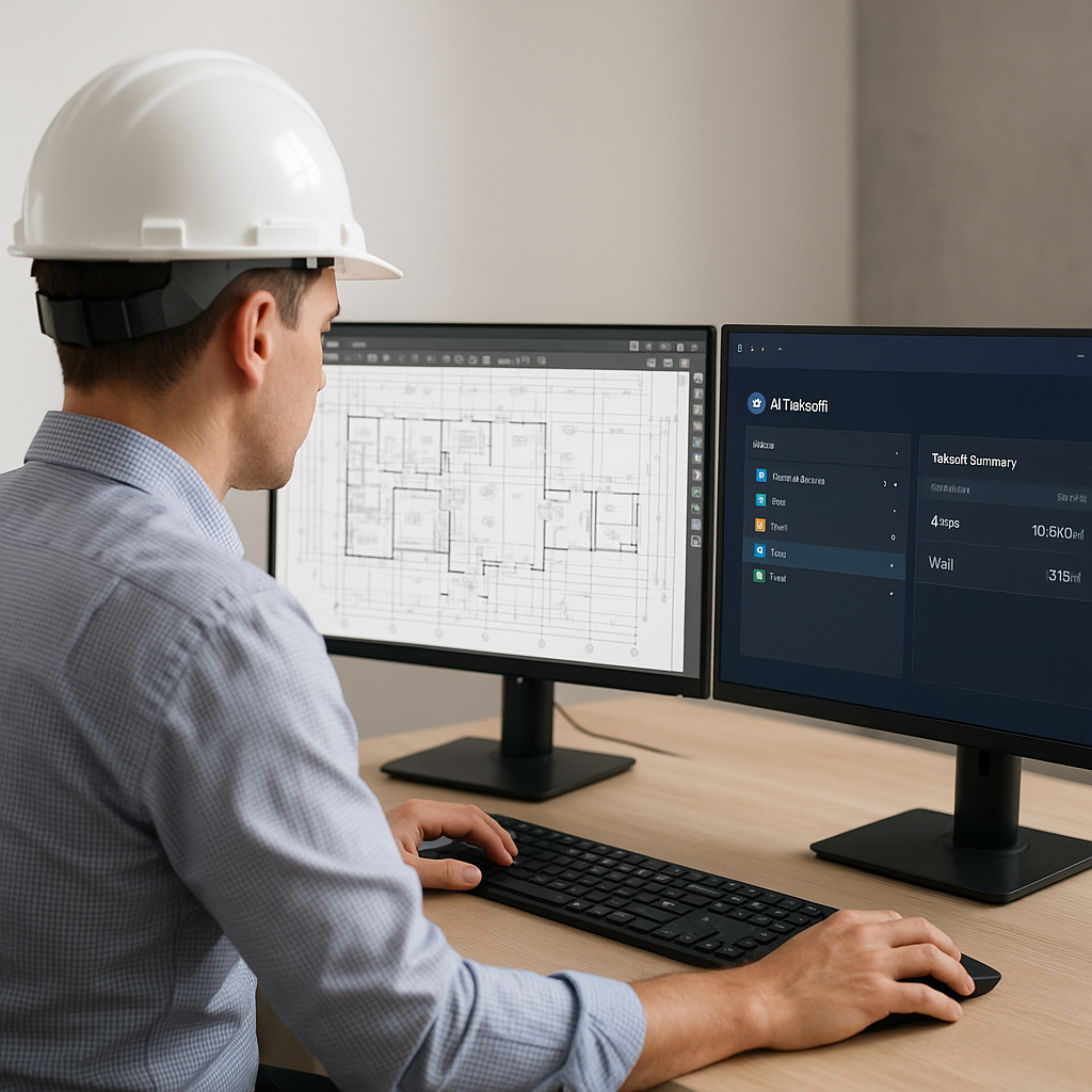 A construction estimator at a desk with dual monitors, one screen showing a complex PDF drawing and the other displaying...