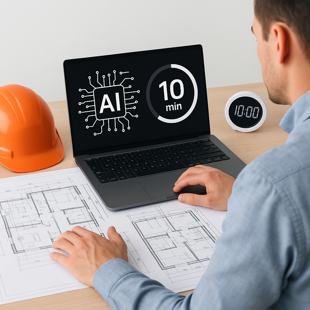 A construction estimator using AI software on a laptop, with detailed architectural plans and a countdown timer showing...