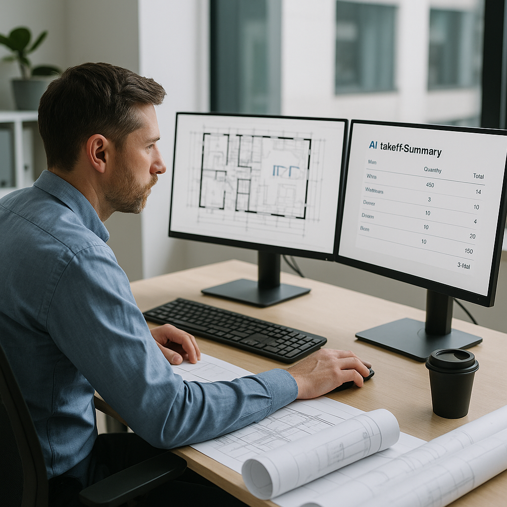 A construction estimator at a desk, comparing a detailed PDF drawing on one screen and an AI-powered takeoff summary on...