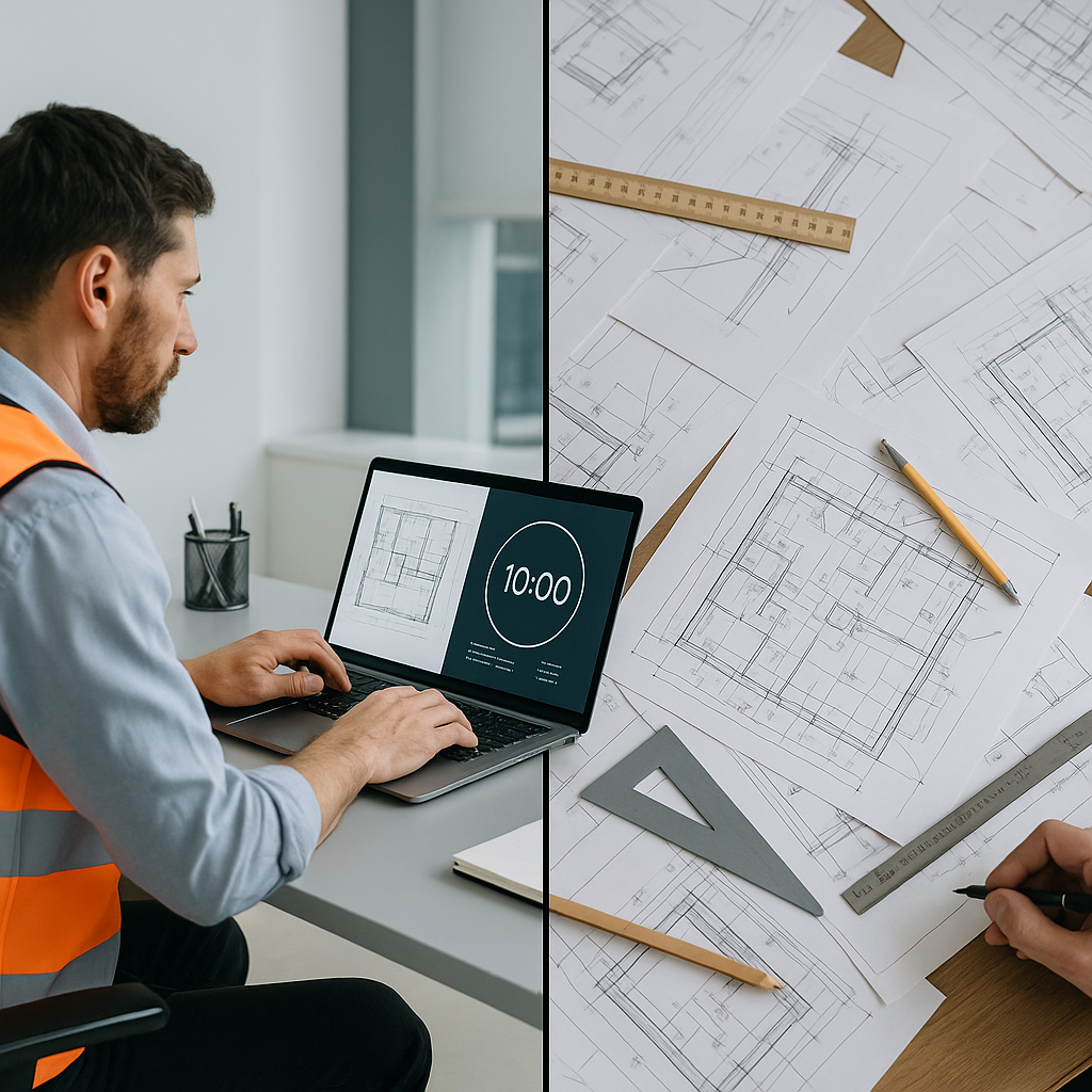 An estimator in a construction office, working on a sleek digital platform with drawings and data on the screen, a timer...