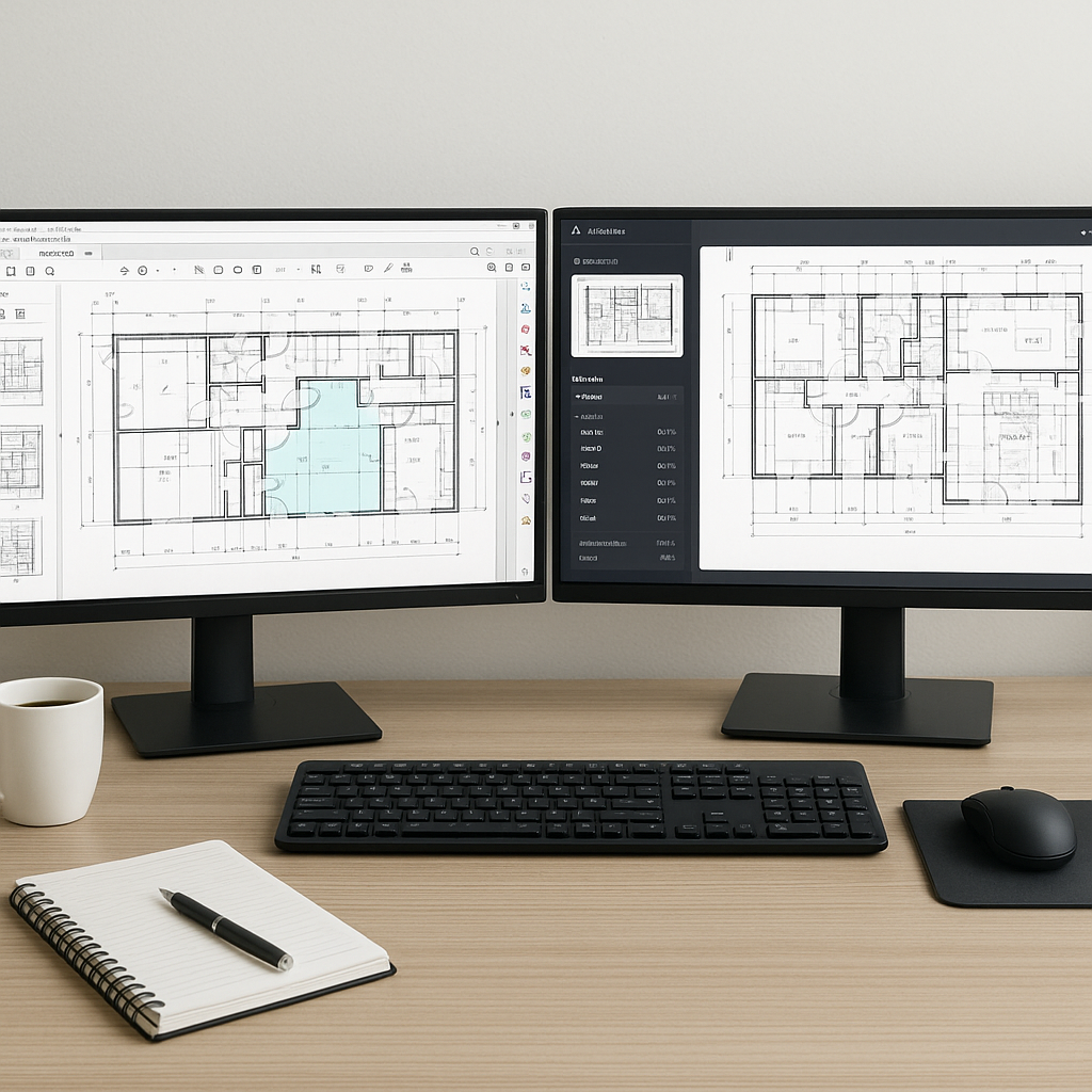 A modern construction estimator's desk with dual monitors showing an AI-powered software interface analyzing a complex P...
