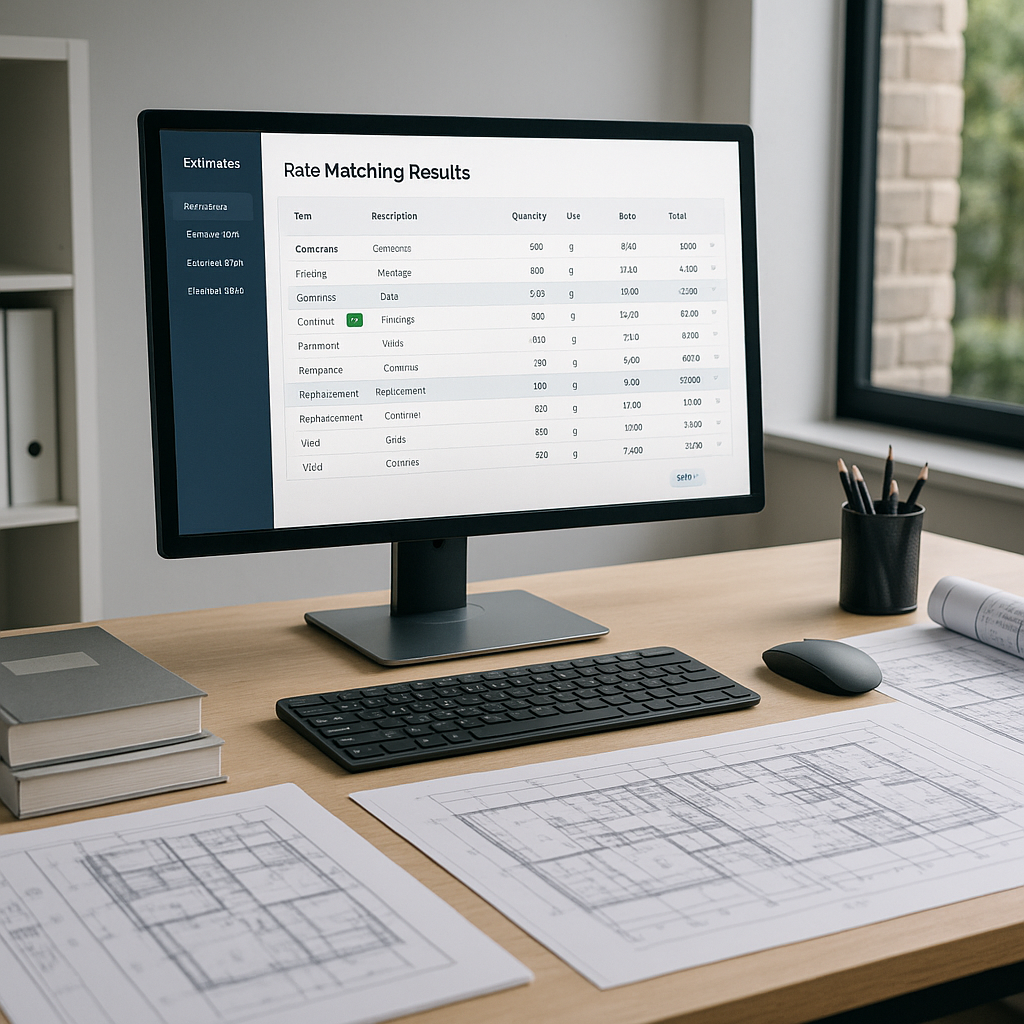 A modern construction estimator's desk with AI-powered software on the screen, displaying rate matching results. Include...