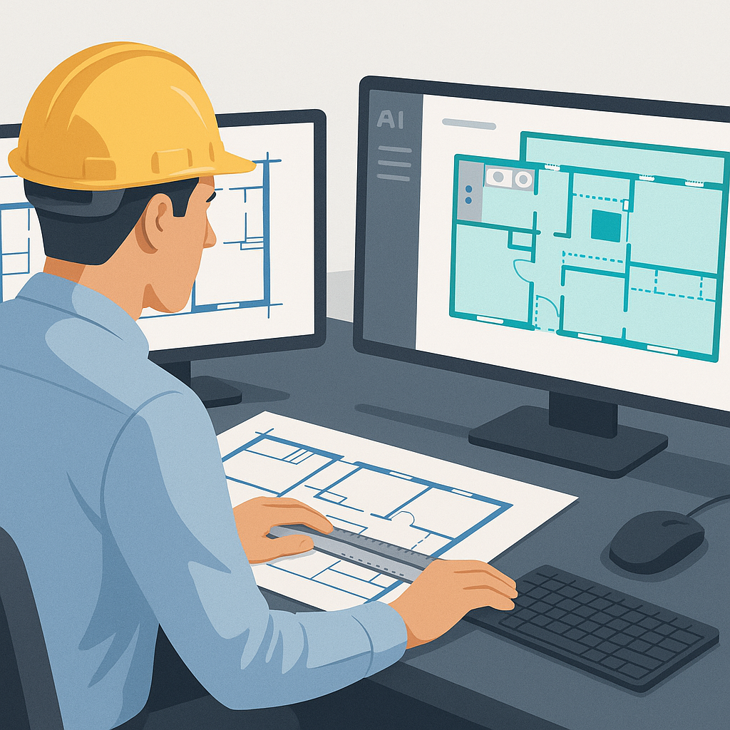 A construction estimator working on two screens: one with a traditional blueprint and ruler, the other using an AI-power...