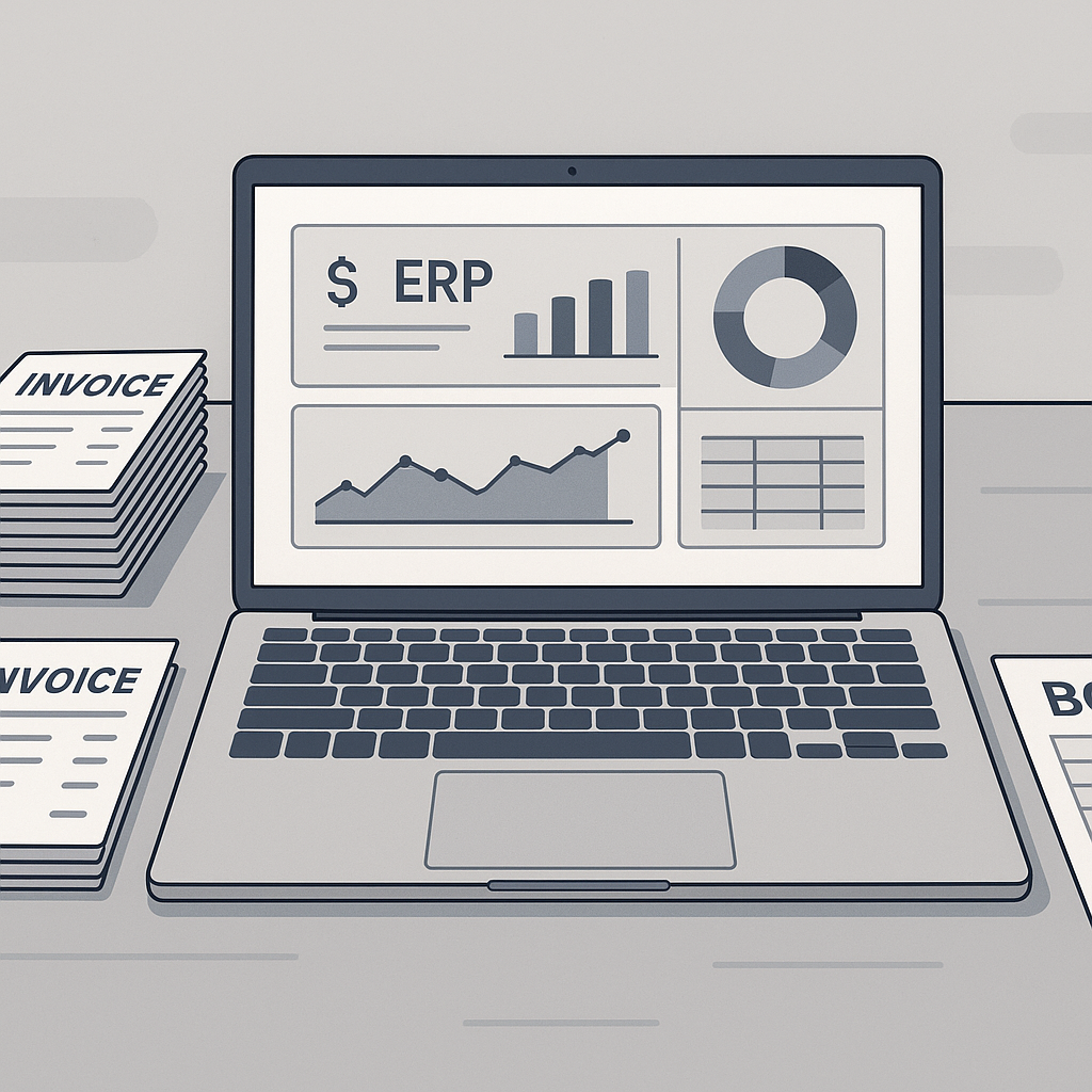 An illustration of a contractor's desk with a laptop showing a unified ERP dashboard, stacks of invoices, and a BOQ docu...