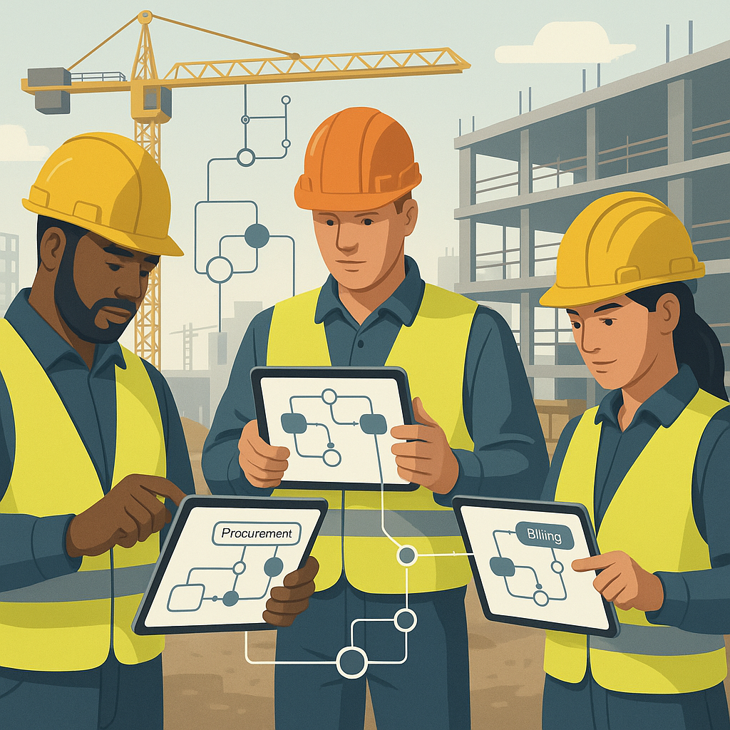 A construction site with multiple workers holding tablets, showing interconnected workflows like procurement and billing...