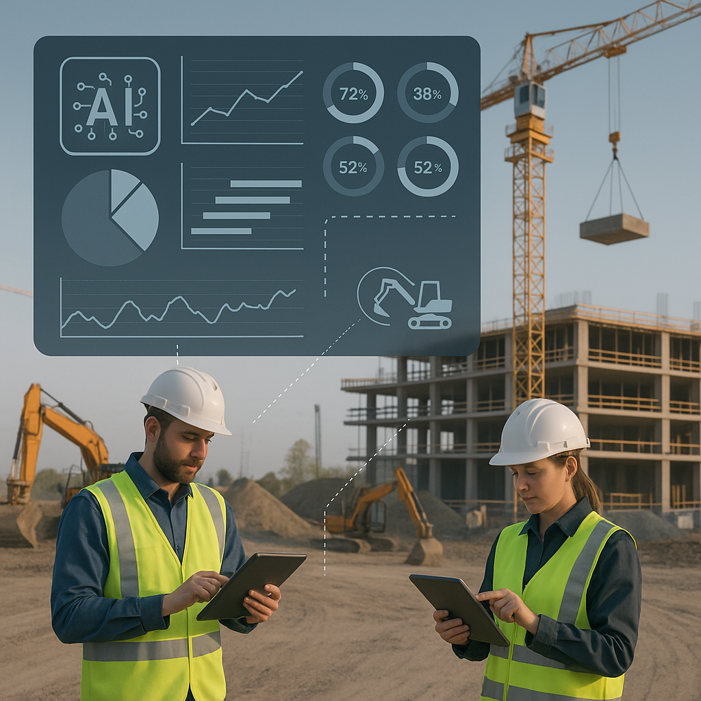 A construction site with a modern AI interface overlay showing dashboards and analytics, workers using tablets, and conn...