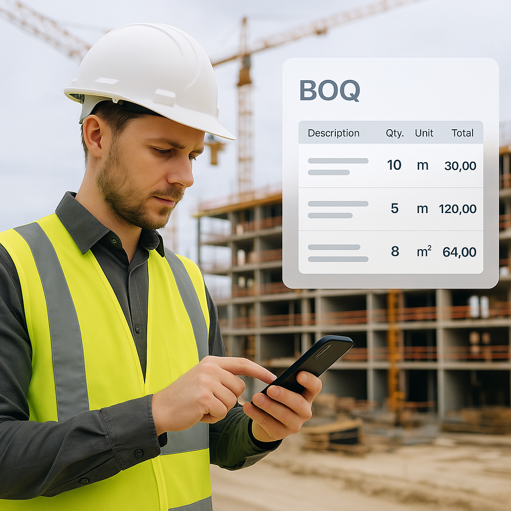 A contractor on-site using a mobile app to input BOQ details, with a construction site in the background and a digital B...