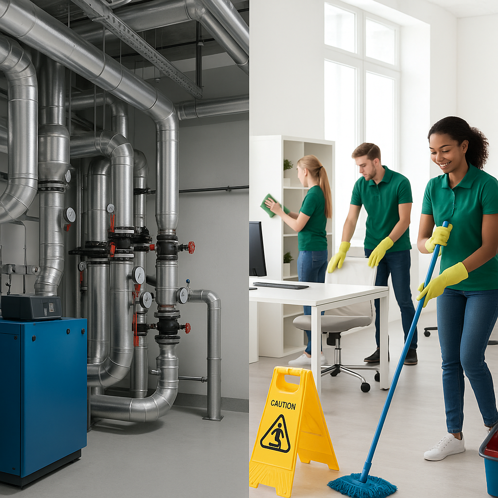 A split image of a building's mechanical room (HVAC system, pipes) on one side and a team of janitors cleaning an office...