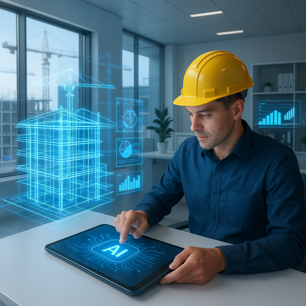 A futuristic construction office with an estimator using a sleek AI-powered tool, surrounded by holographic blueprints a...