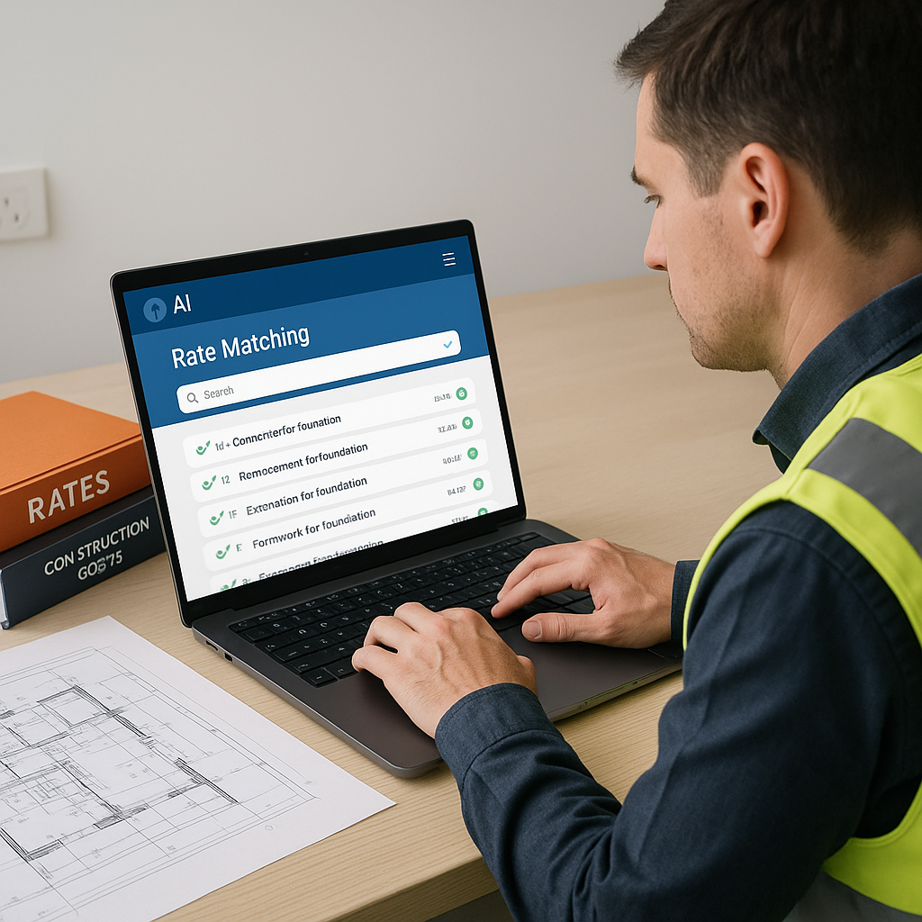 A construction estimator at a desk using AI software on a laptop, with rate books and blueprints pushed aside. The scree...