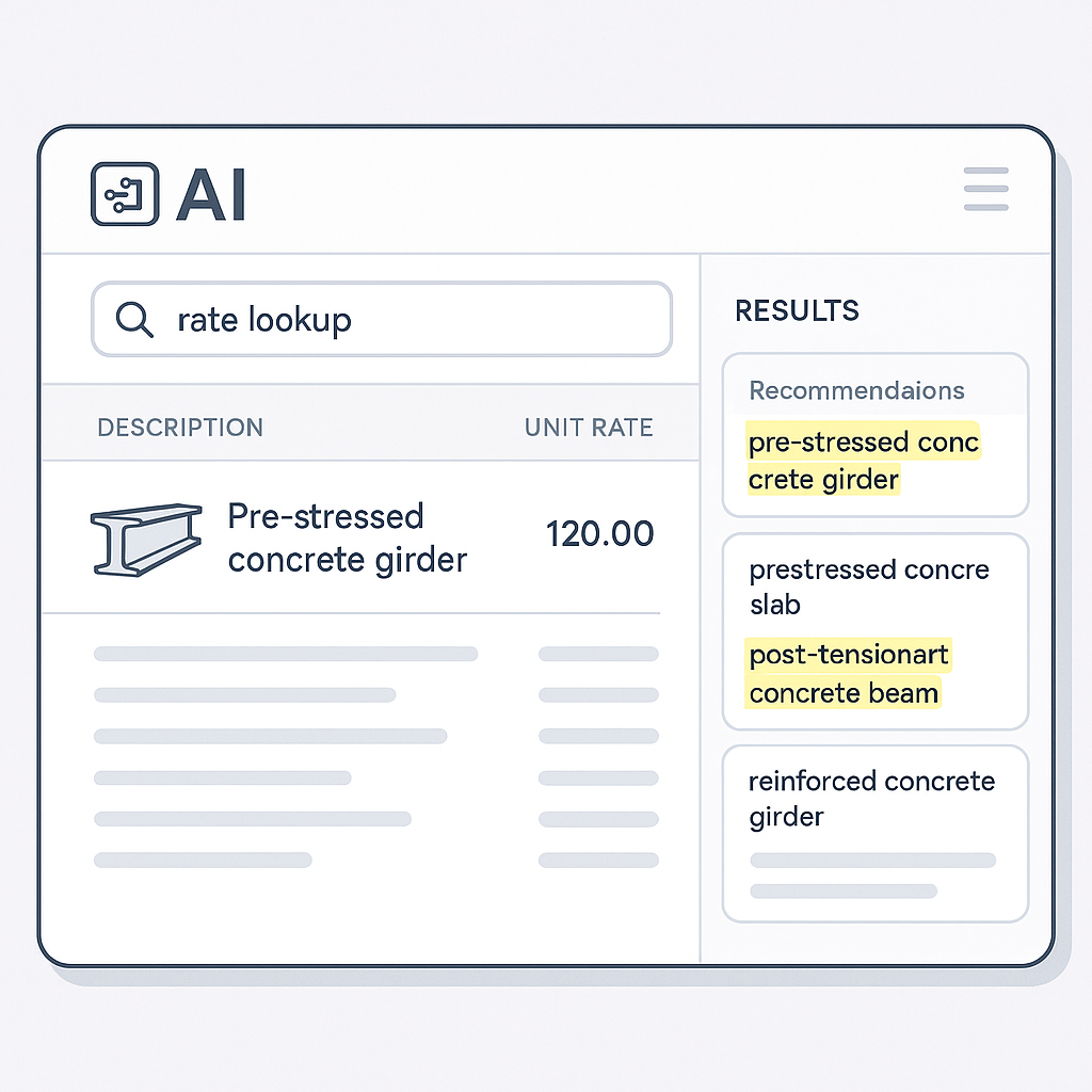 An AI-powered construction estimation tool interface showing a rate lookup for pre-stressed concrete girders. A side pan...