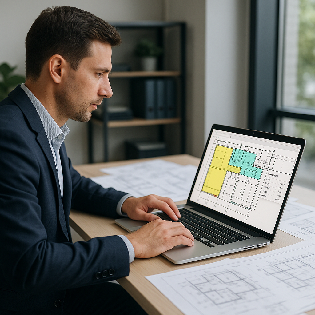 A construction estimator using AI software on a laptop, with a PDF drawing on the screen showing highlighted areas and q...