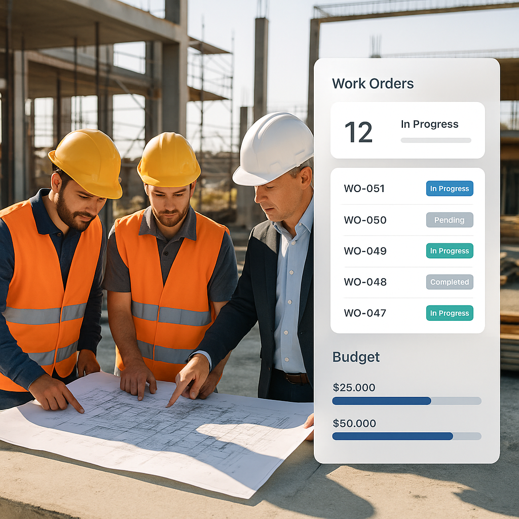 A construction site with workers and a project manager reviewing detailed printed plans; overlay of a digital dashboard...