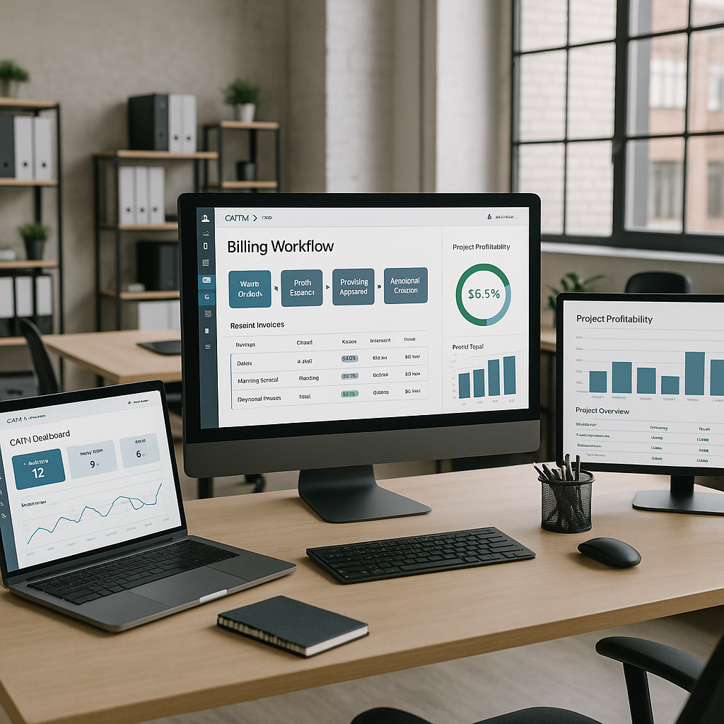 A mid-sized contractor's office with multiple screens showing a CAFM dashboard, highlighting billing workflows and real-...