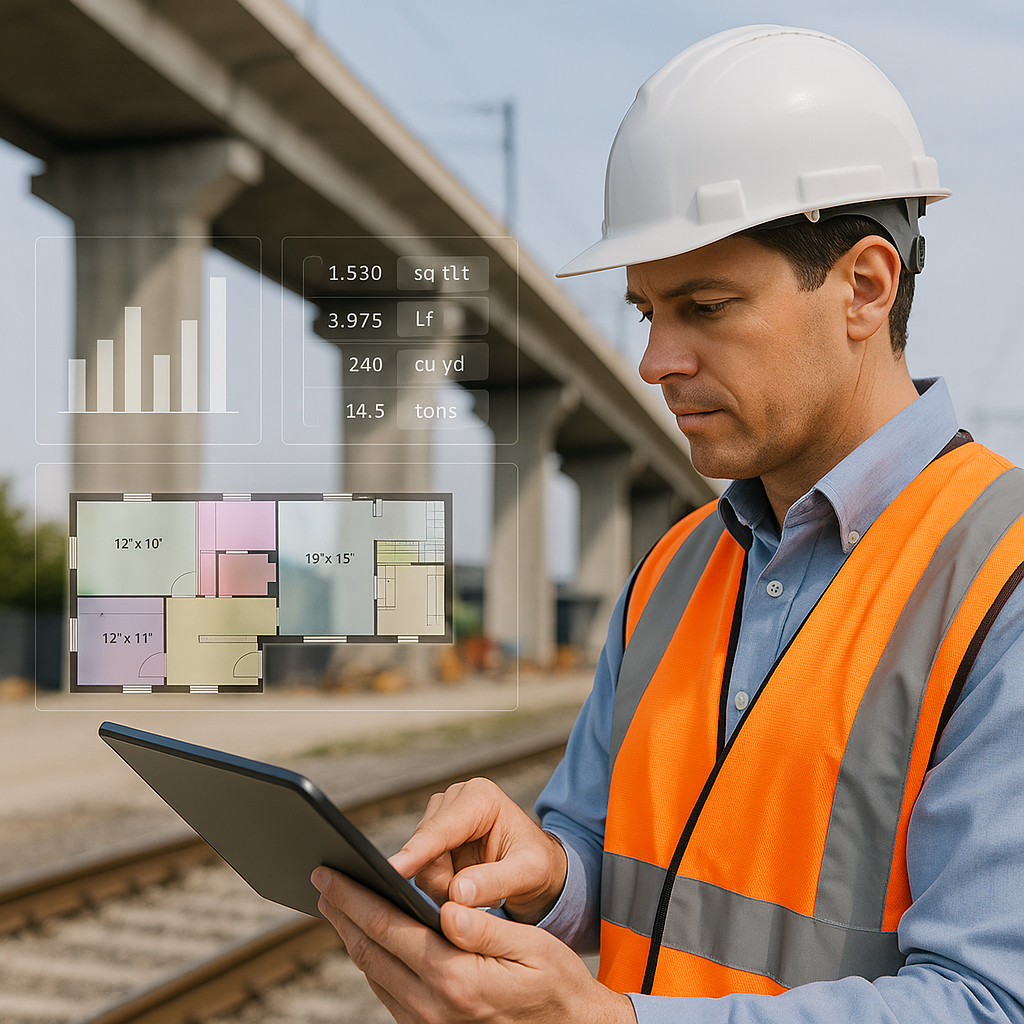 A construction estimator analyzing digital blueprints on a tablet, with AI-generated quantity takeoff data overlayed, se...