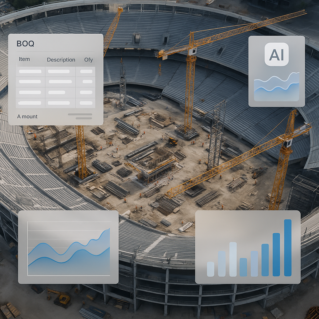 An aerial view of a large stadium under renovation, with cranes, construction workers, and digital overlays of BOQ data...