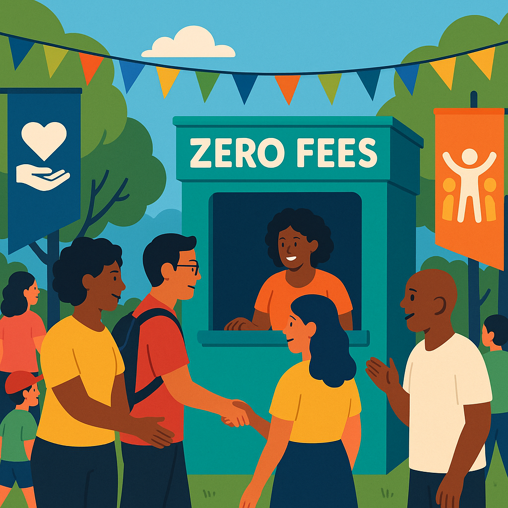 A community event scene with diverse attendees, a ticket booth labeled 'Zero Fees', and banners promoting inclusivity. V...