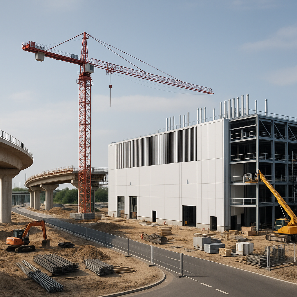 A construction site with both traditional public infrastructure (e.g., bridges, roads) and a modern data center being bu...