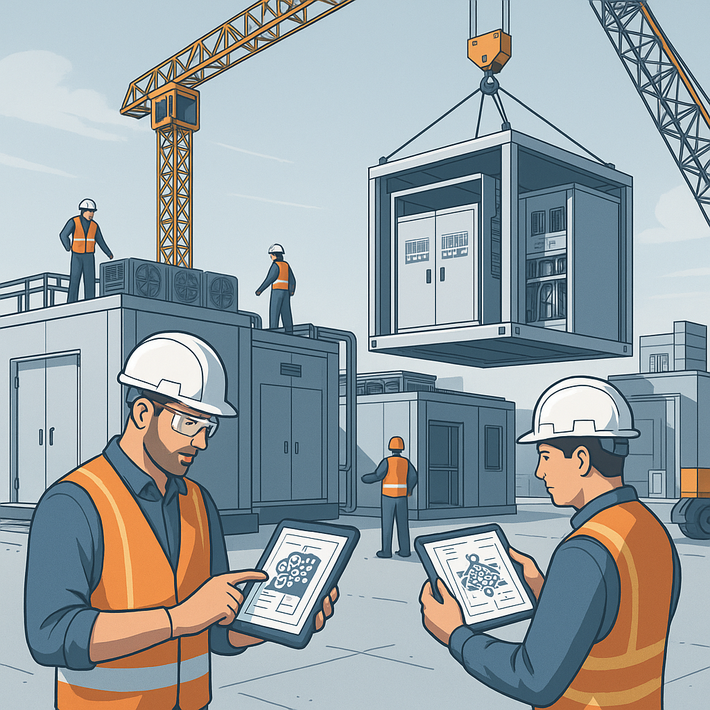 A detailed illustration of a modular data center construction site with prefabricated electrical modules being craned in...