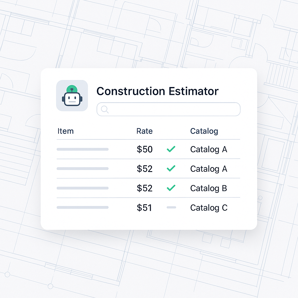 An AI-powered construction estimator interface showing rate matching across multiple catalogs, with a construction bluep...