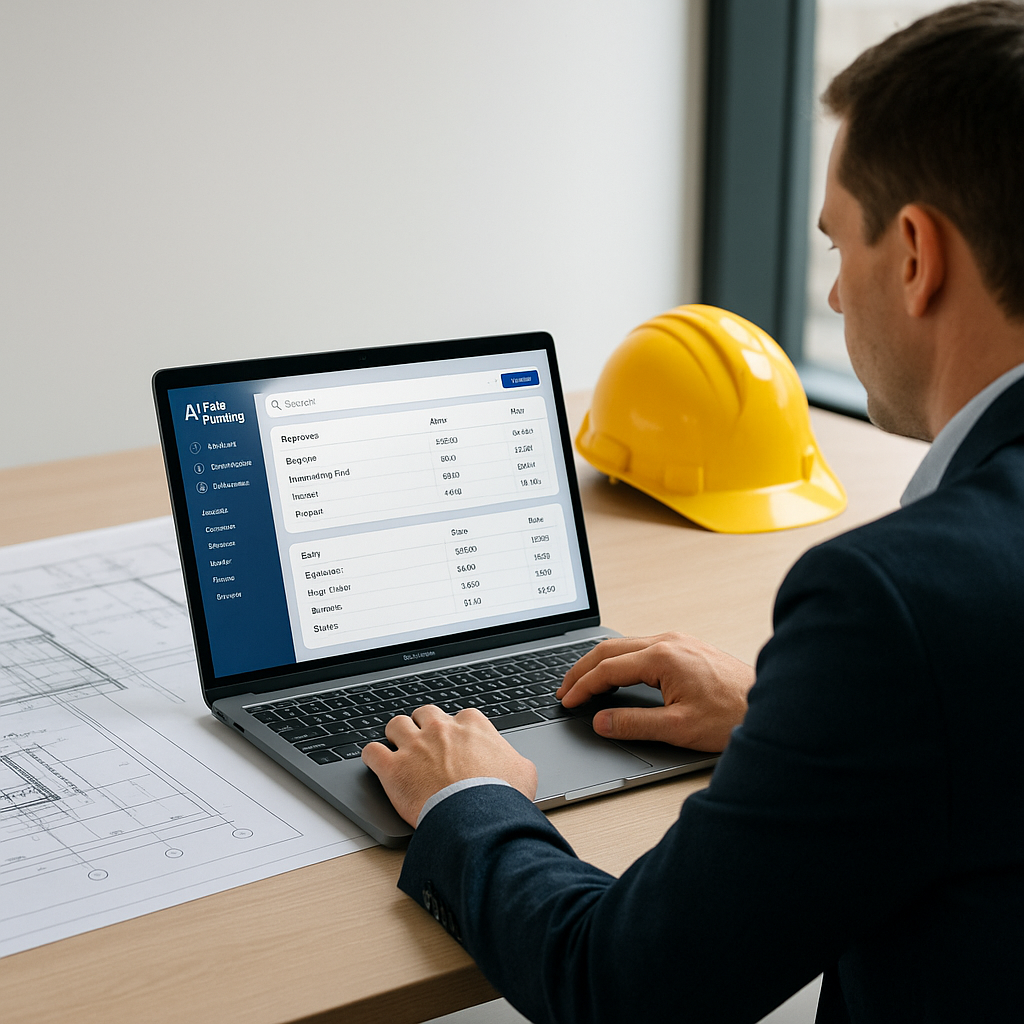 A construction estimator sitting at a desk with a laptop showing AI-powered rate matching software. The screen displays...