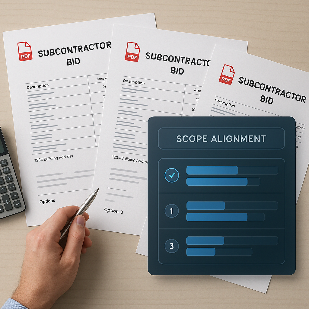 A construction estimator's desk with multiple subcontractor bids in PDF format, overlaid with a futuristic AI interface...
