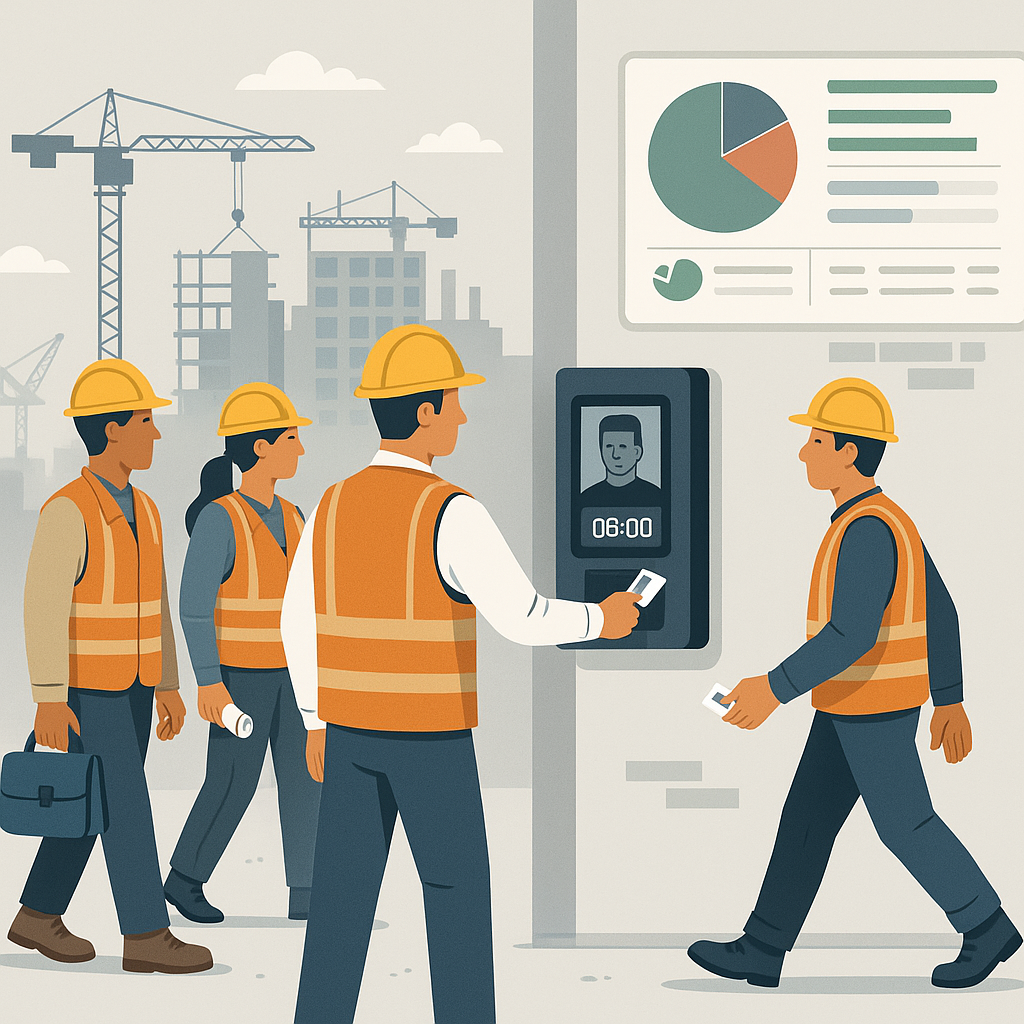 A detailed illustration showing construction workers clocking in at a multi-site project using a digital attendance syst...