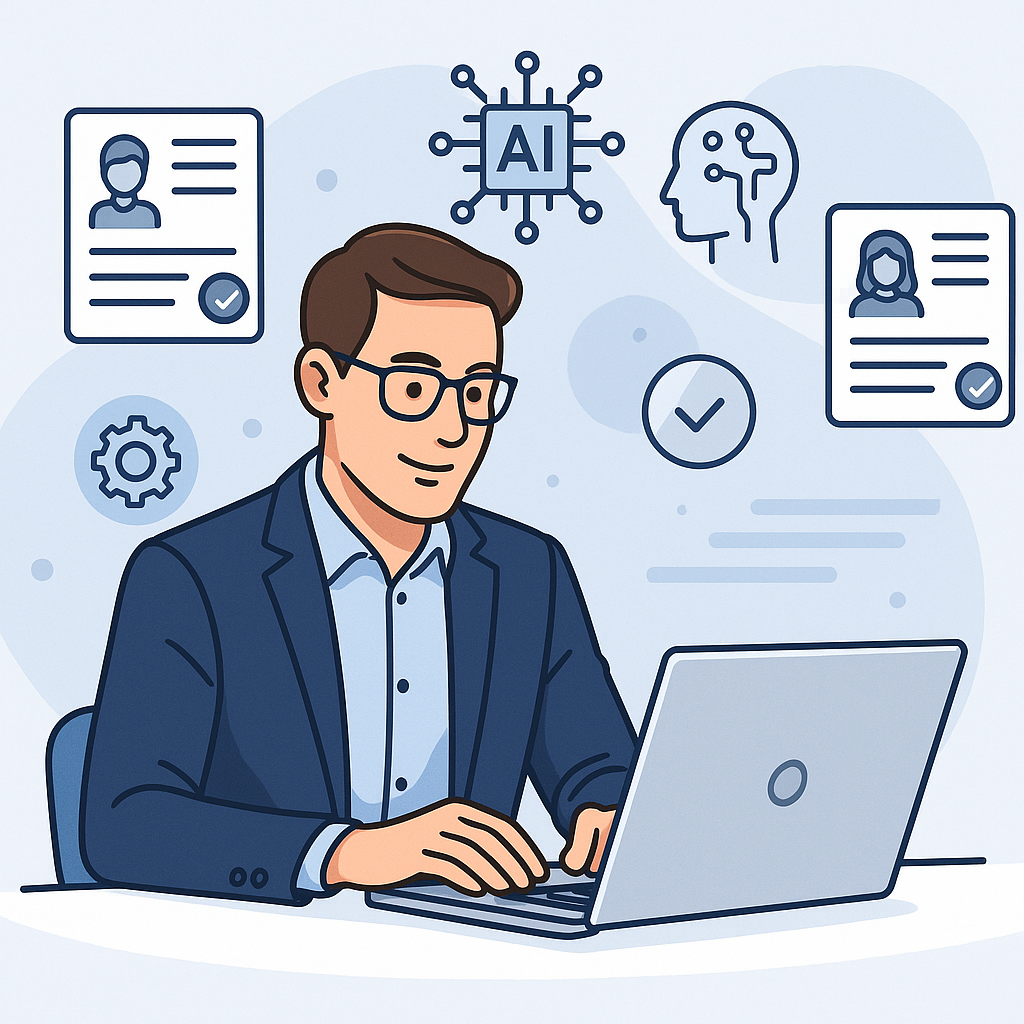 A modern recruiter at their laptop, surrounded by icons of AI tools and resumes being analyzed. Bright, professional, an...