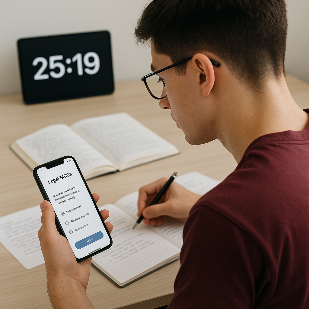 A focused student using a modern app with legal MCQs on the screen, surrounded by notes and a visible timer in the backg...