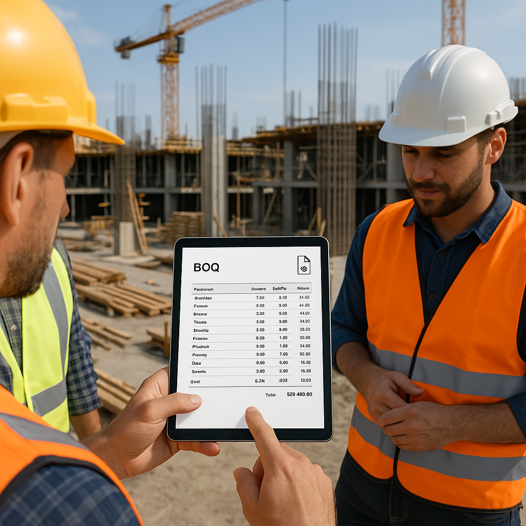 A construction site with workers using a mobile app to generate a polished PDF BOQ, with a clear view of a tablet screen...