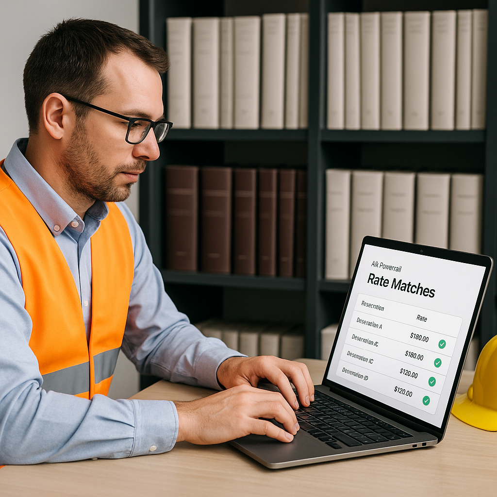 A construction estimator at a desk, typing on a laptop with AI-powered software showing rate matches. Bookshelves stacke...
