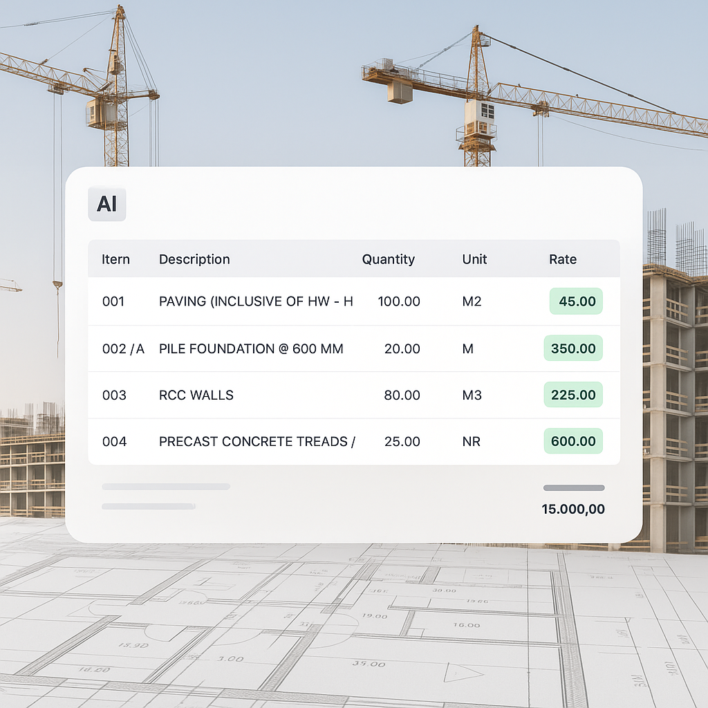 An AI-powered software interface displaying a BOQ with highlighted rate matches, overlaid with construction site visuals...