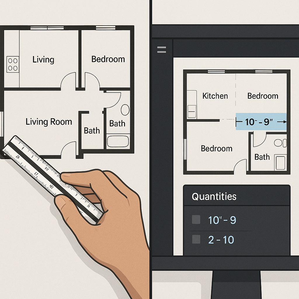 A split-screen image: on one side, a construction estimator manually measuring a PDF drawing with a scale ruler; on the...