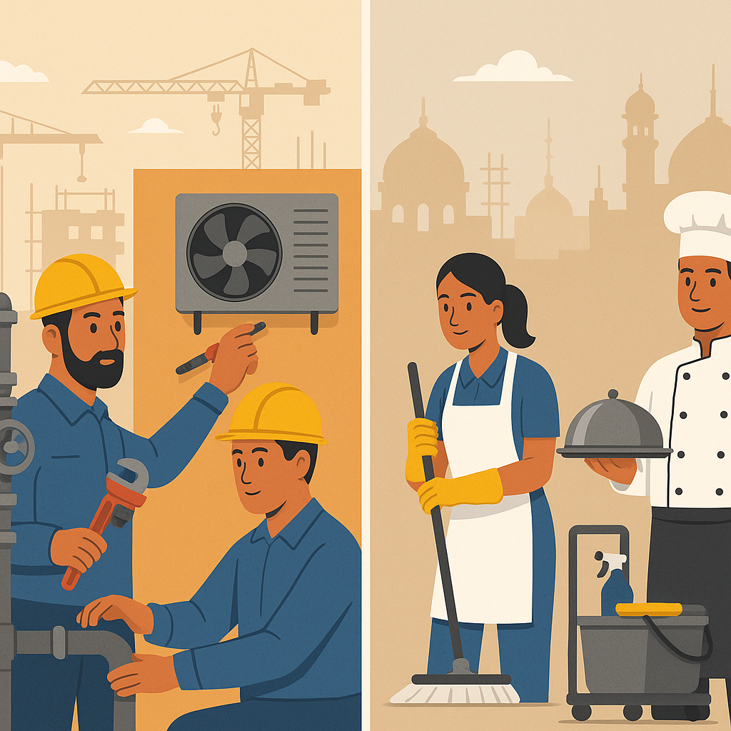 A detailed visualization comparing hard FM services (HVAC, plumbing) vs soft FM services (cleaning, catering), with an I...