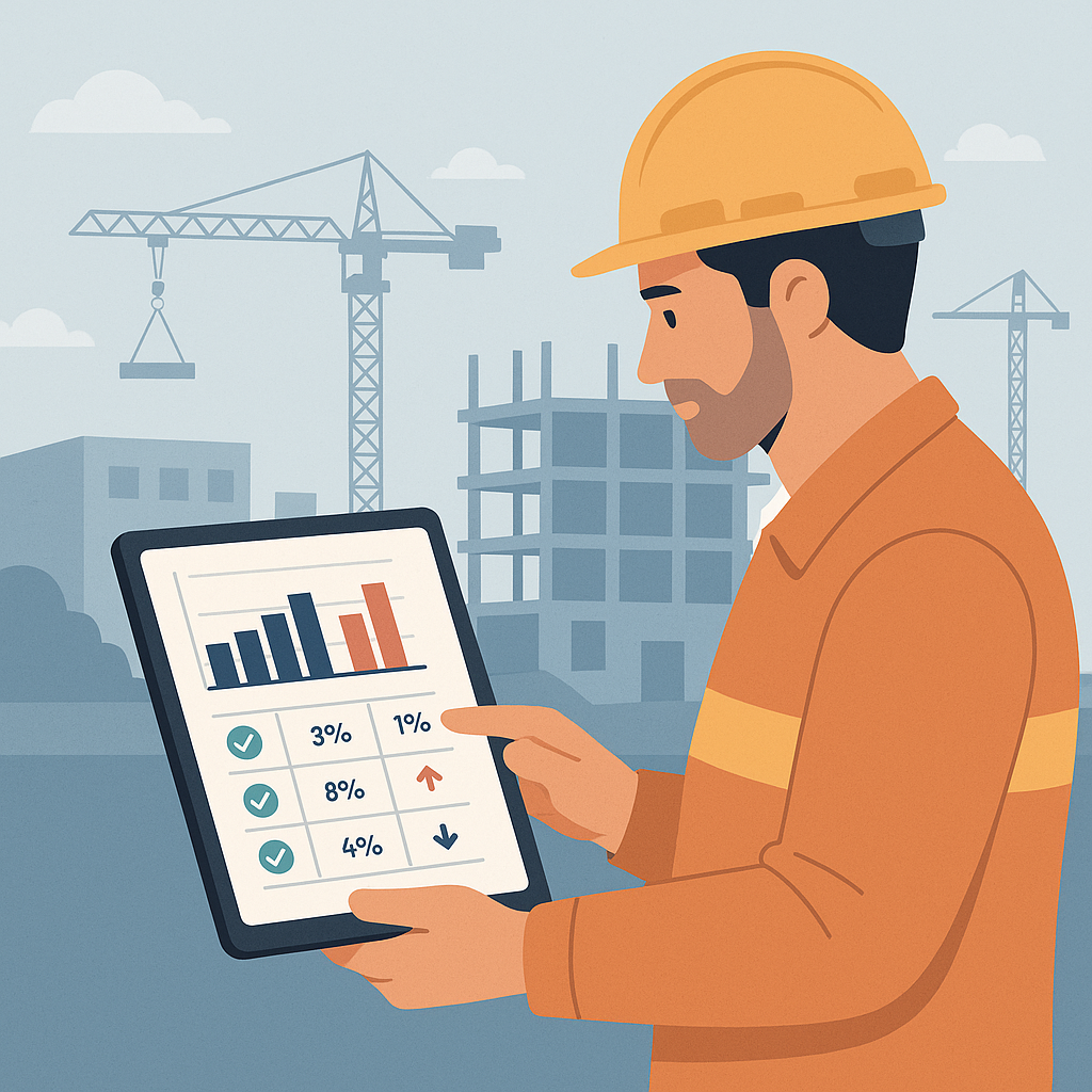 An illustration of a contractor reviewing a digital BOQ variance report on a tablet, with a construction site visible in...