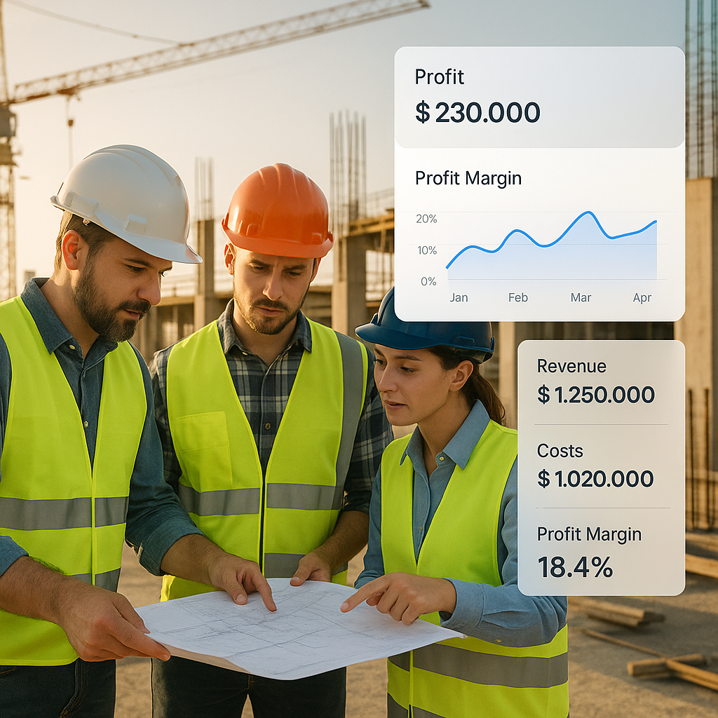 A construction site with workers reviewing blueprints, a digital dashboard overlay showing project profitability metrics...