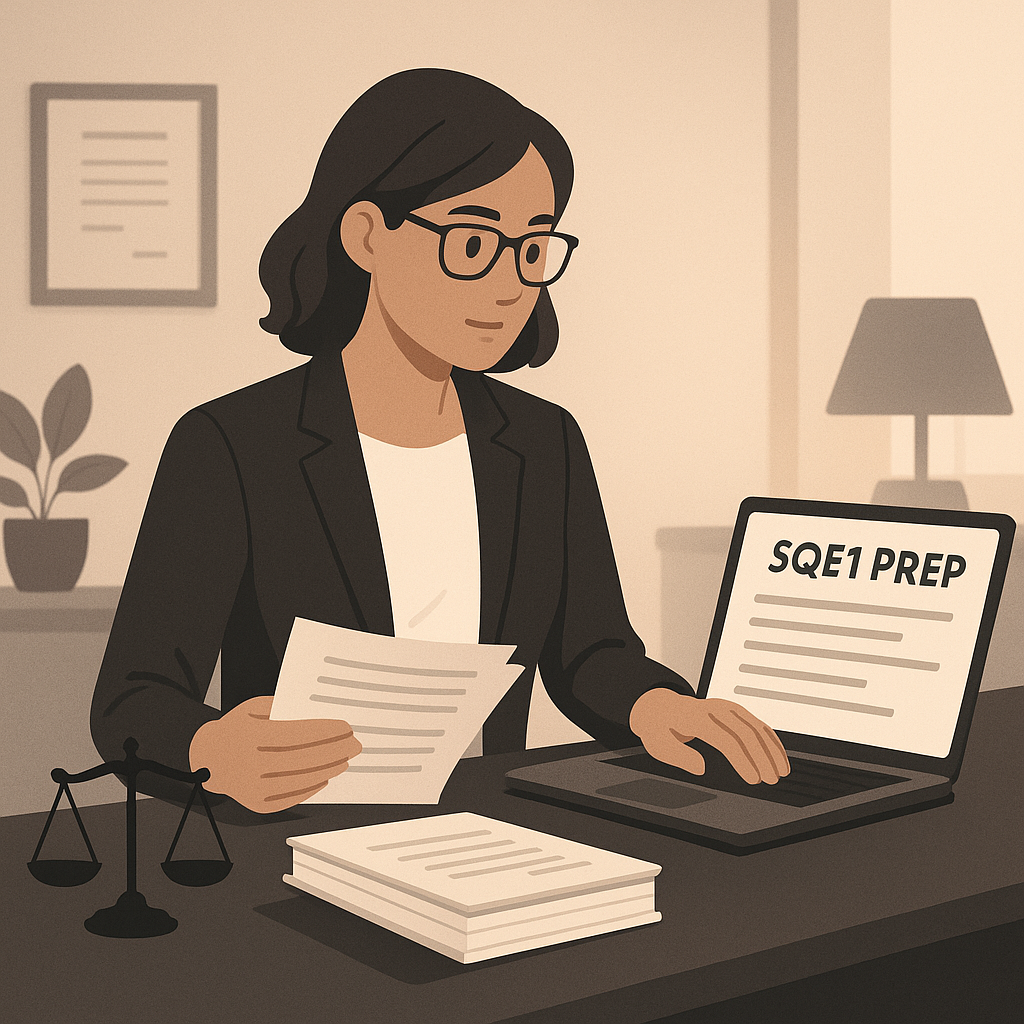 A modern, sleek illustration of a paralegal at their desk, balancing legal documents and a laptop with an SQE1 prep inte...