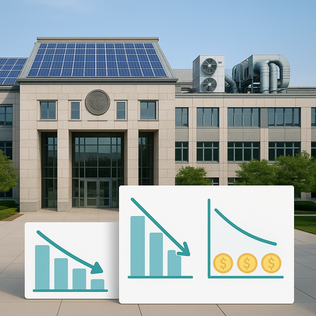 A city government building with solar panels and energy-efficient HVAC systems, showing cost savings charts in the foreg...