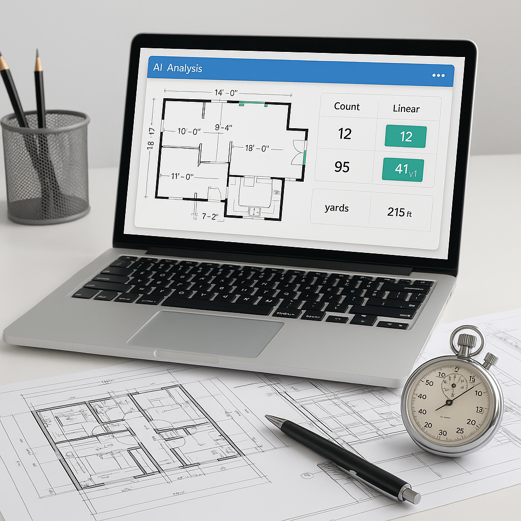 A professional estimator's desk with blueprints, a laptop showing AI-powered software analyzing drawings, and a stopwatc...
