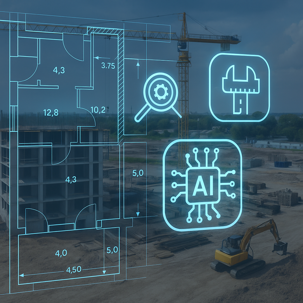 A digital blueprint overlaying a construction project site, with AI icons analyzing and extracting measurements from the...