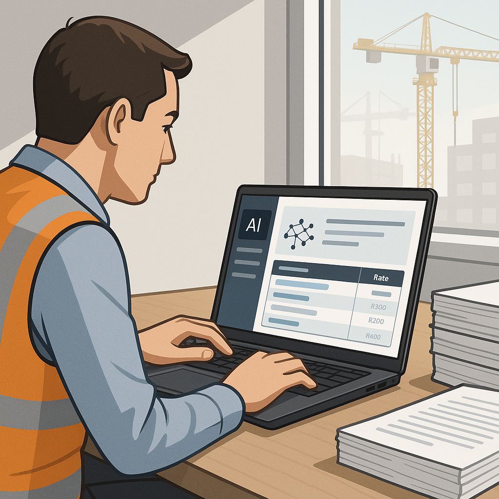 A detailed scene of a construction estimator at a desk, using AI software on a laptop, with stacks of paper rate books p...