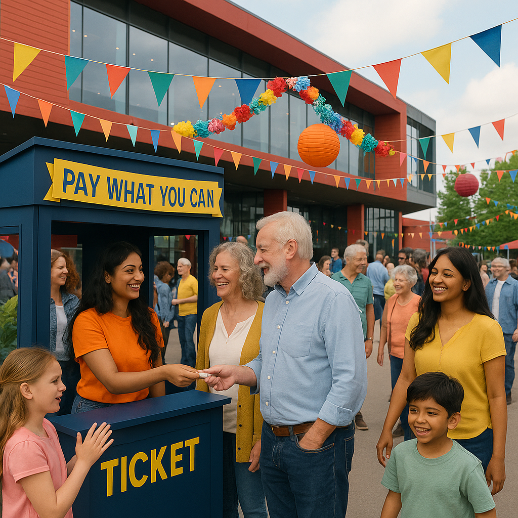 A vibrant community event at a venue like Emirates Old Trafford, featuring a ticket booth with a flexible 'Pay What You...