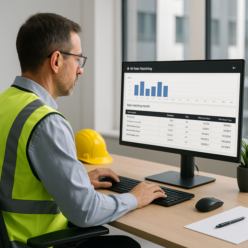 A construction estimator sitting at a desk with AI-powered software on-screen, showing rate matching results for a large...