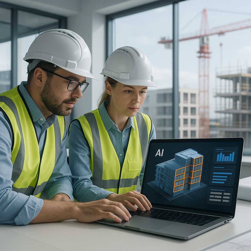A modern construction office with engineers using a laptop, AI interface on the screen displaying a 3D building model an...