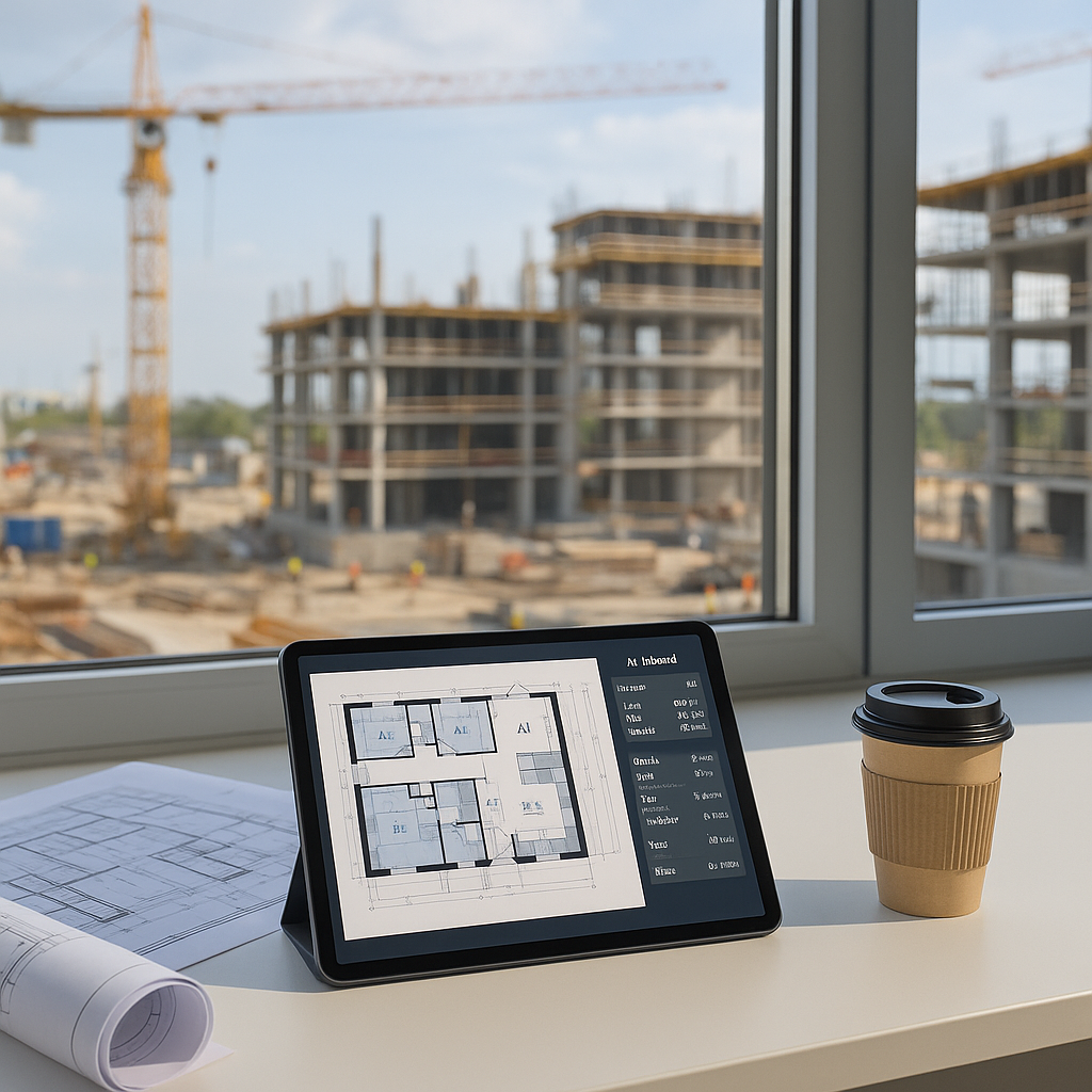 A modern construction site office with a digital tablet showing AI-powered quantity takeoff software, blueprints and a c...